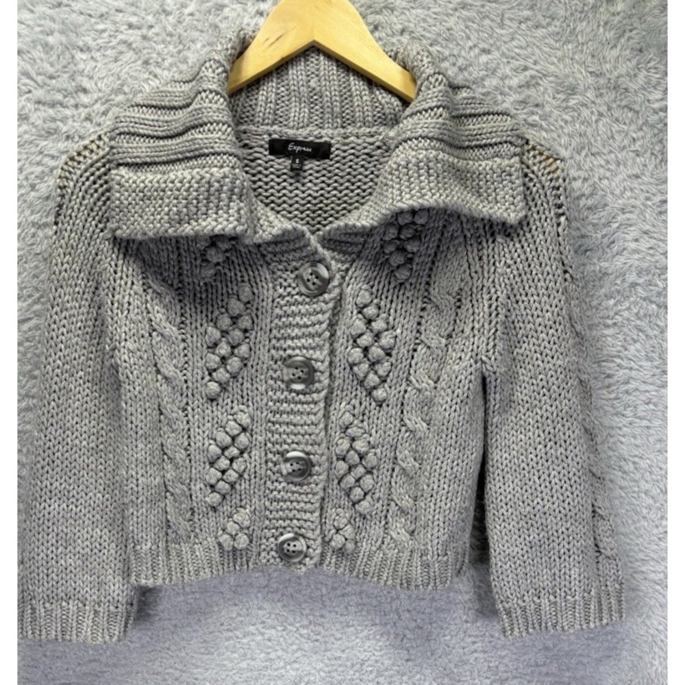 Y2K Express Women S Gray Silver Cardigan Sweater Cropped Pom Pom Grunge Academic